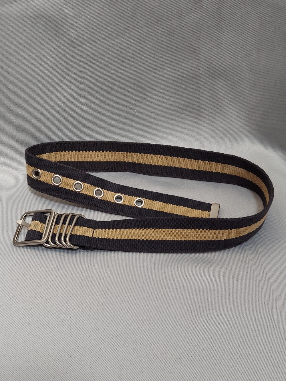 Express Belt, Brown Tan Stripe, Canvess, Brushed Silvertone Metal, New!